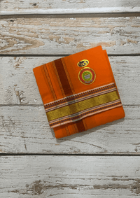 Men Premium Orange 9x5 6 Inch Jacquard Border Color Dhoti with Angavasthram ( Gamcha )